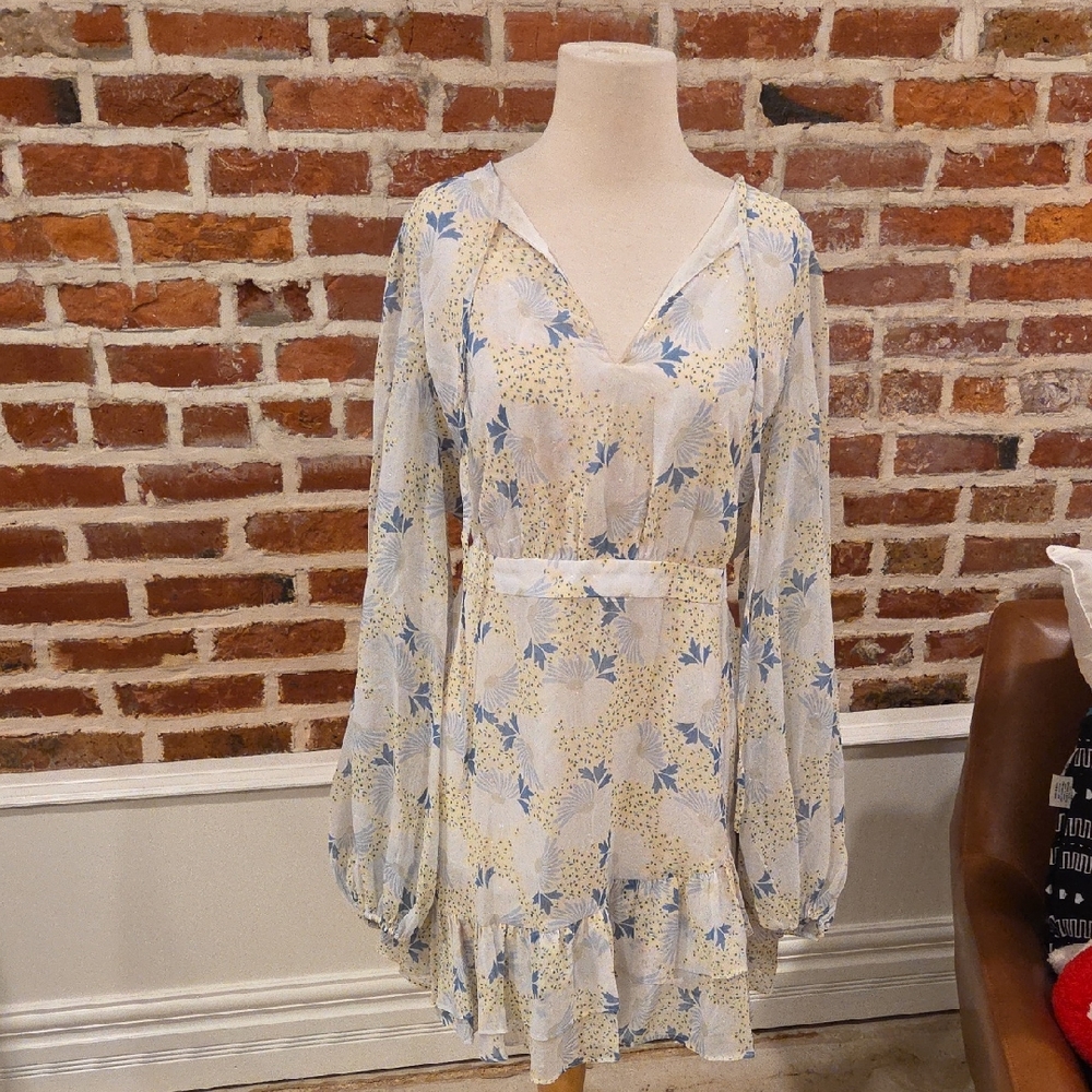 Ted Baker Blue and Yellow Floral Long Sleeve Dress Size 4 Large